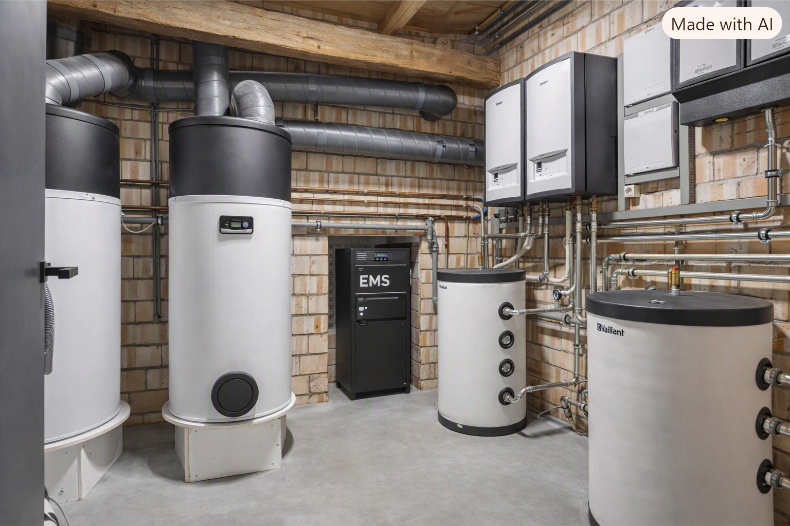 Technische ruimte met warmtepompboilers en EMS‑systeem